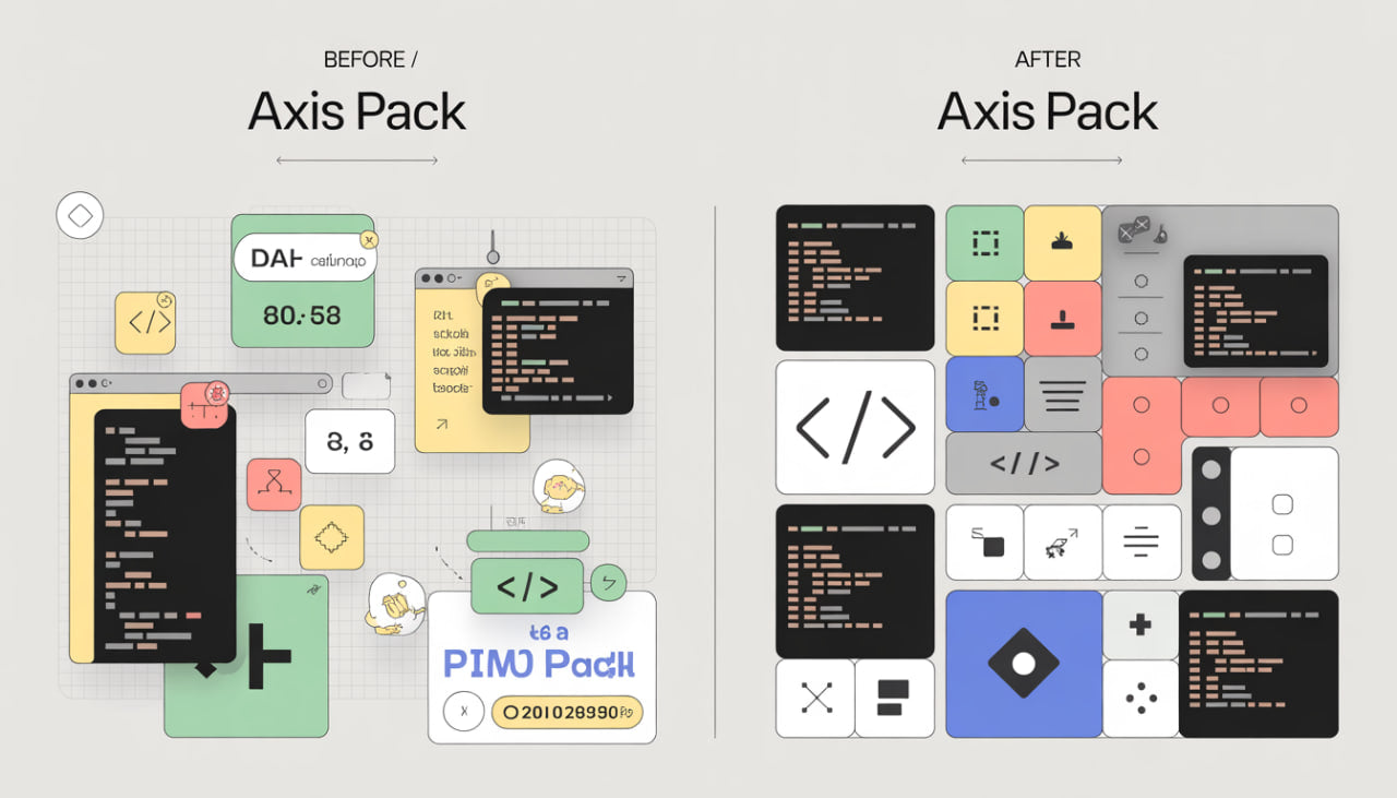 Comparison of 'Axis Pack' before and after design on a gray background