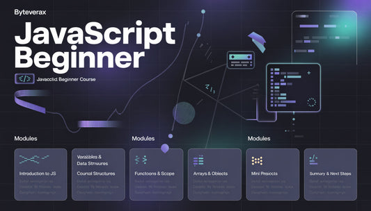Byteverax JavaScript Beginner course overview with modules on a dark background