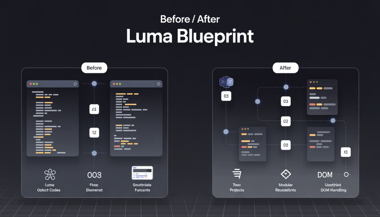 Comparison of Luma Blueprint design before and after on a dark background