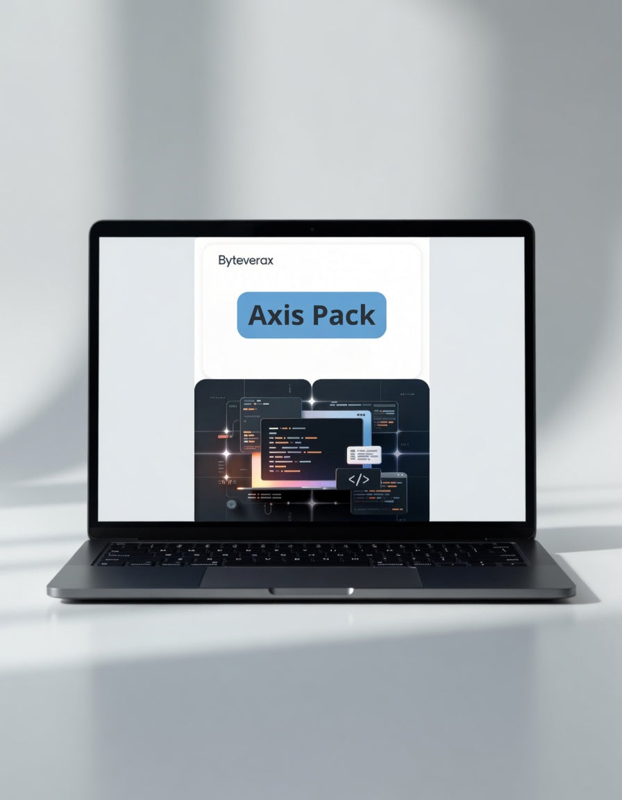 Laptop displaying Byteverax Axis Pack software on a gray background