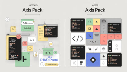 Comparison of 'Axis Pack' before and after design on a gray background