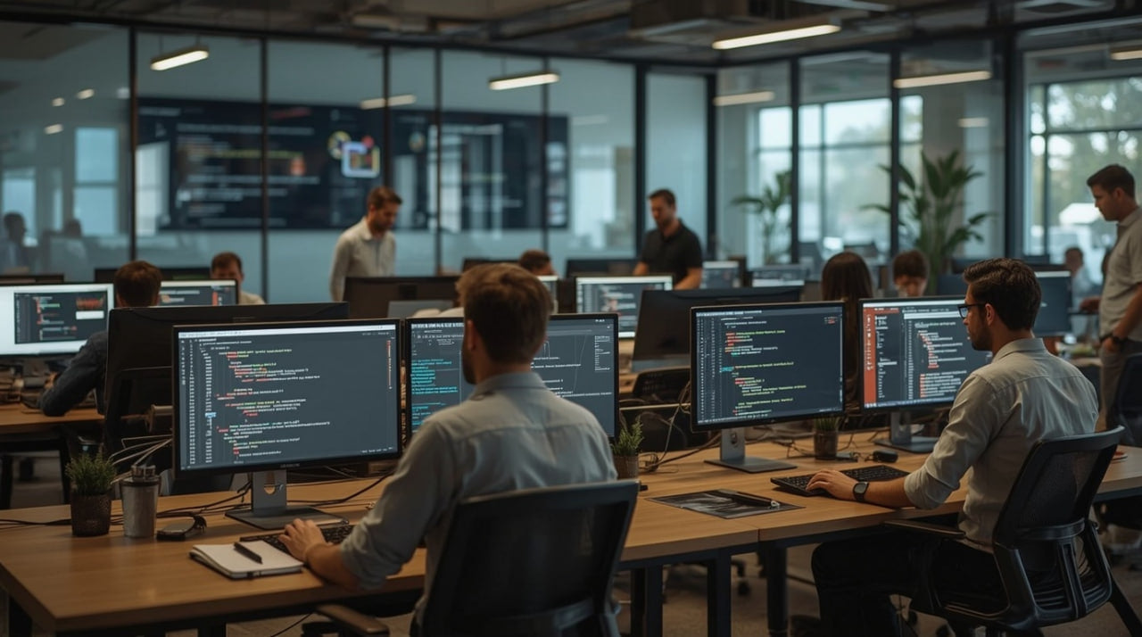 People working at computers in a busy office setting