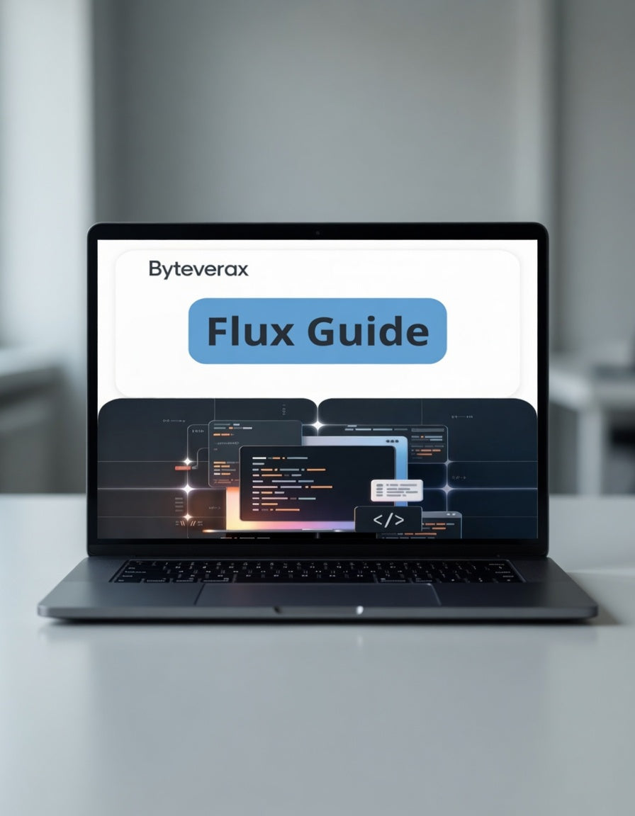 Laptop displaying Byteverax Flux Guide on a blurred office background