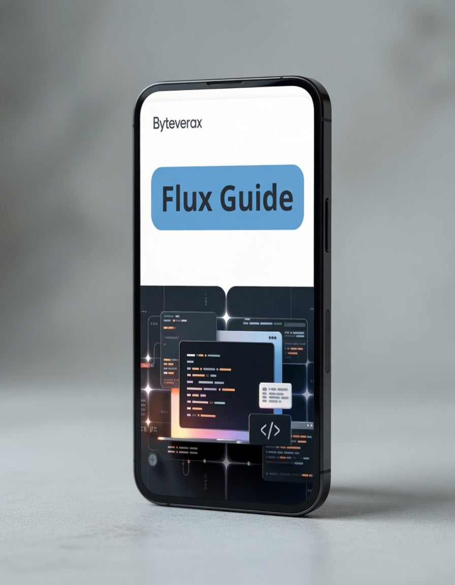 Smartphone displaying a 'Flux Guide' by Byteverax on a gray background