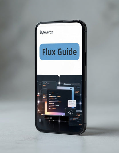 Smartphone displaying a 'Flux Guide' by Byteverax on a gray background