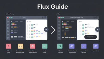 Flux Guide diagram showing before and after code structure on a dark background
