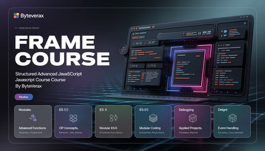 Byteverax Frame Course advertisement with a laptop displaying code on a dark background