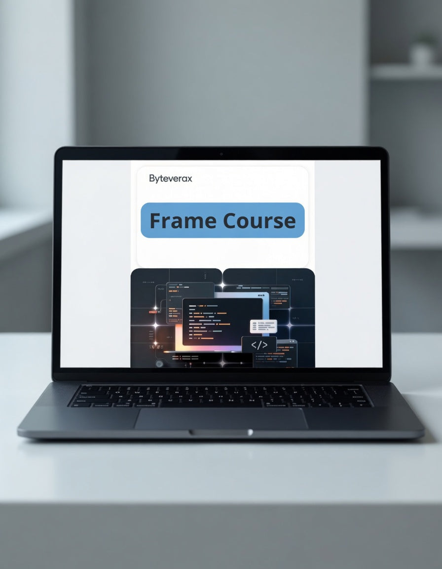 Laptop displaying a Byteverox frame course on a blurred background