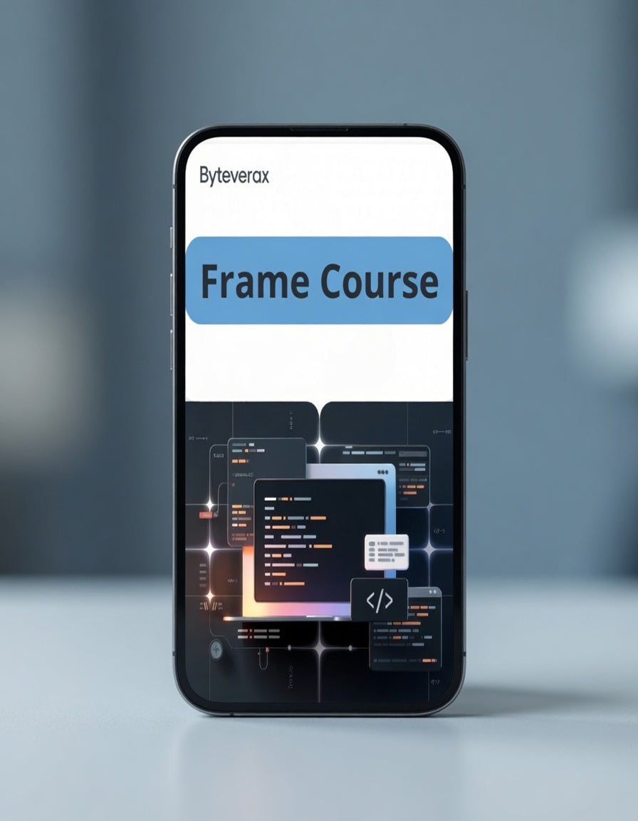 Phone displaying Byteverax Frame Course app interface on a blurred background