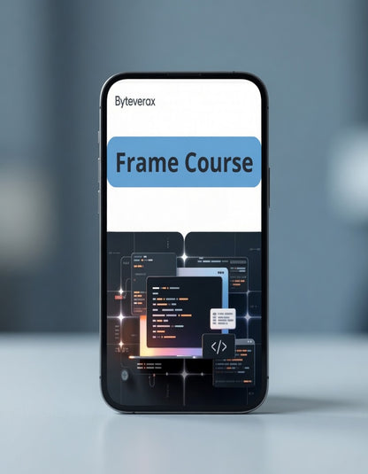 Phone displaying Byteverax Frame Course app interface on a blurred background