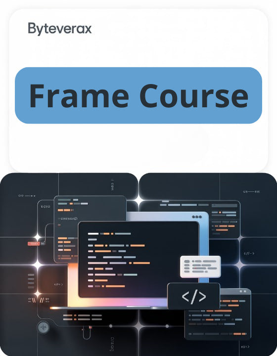 Byteverax Frame Course promotional graphic with computer screens and code on a dark background.