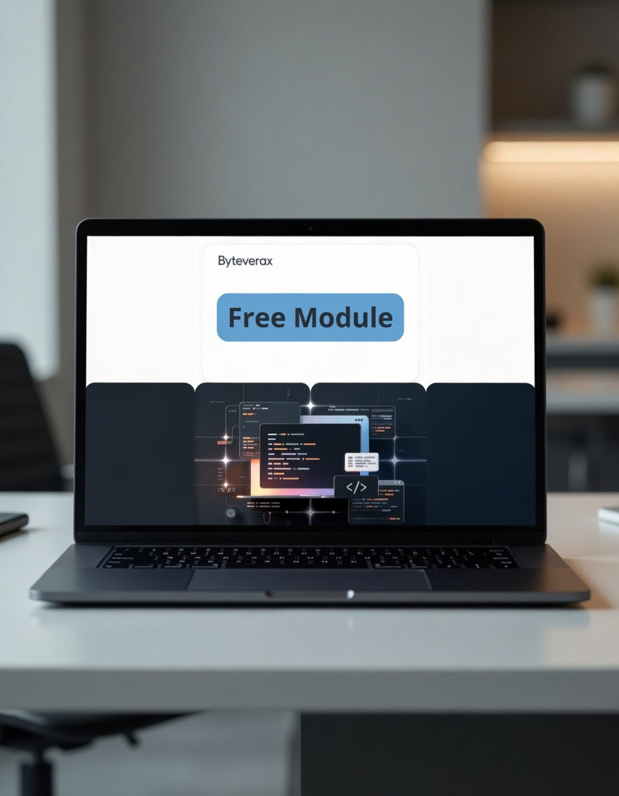 Laptop on a desk displaying a 'Free Module' from Byteverge on a blurred background