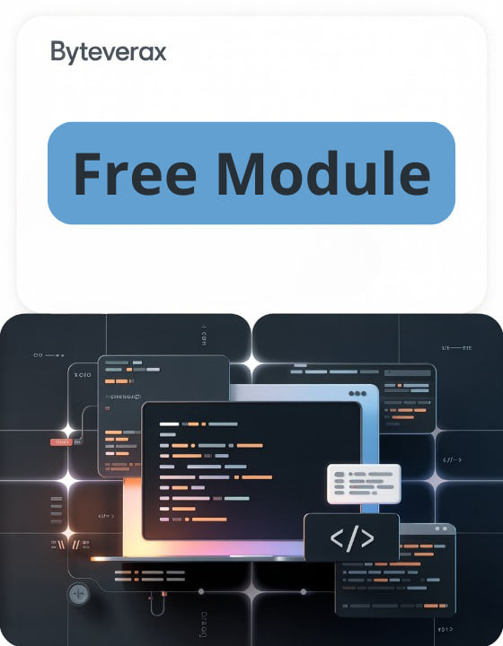 Byteverax free module advertisement with computer screens and code on a dark background