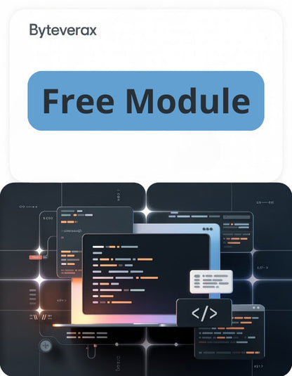 Byteverax free module advertisement with computer screens and code on a dark background