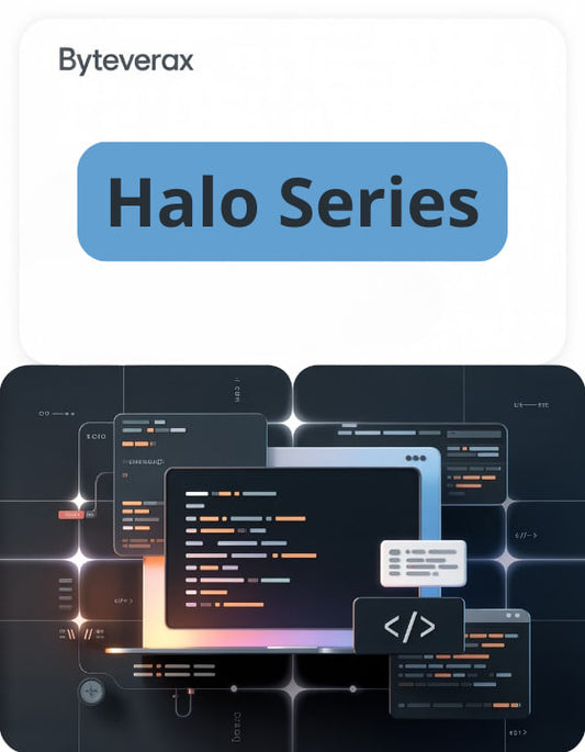 Byteverax Halo Series product with coding interface design on a dark background