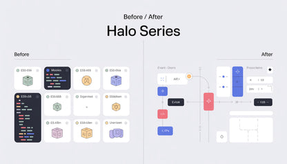 Comparison of Halo Series interface design before and after changes on a light gray background.
