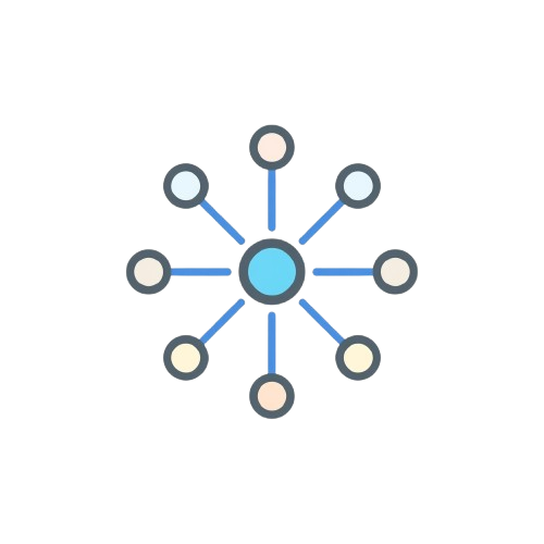 Central blue circle with radiating lines and smaller circles on a white background