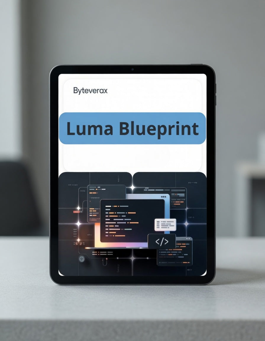 Tablet displaying 'Luma Blueprint' by Byteverax on a blurred background