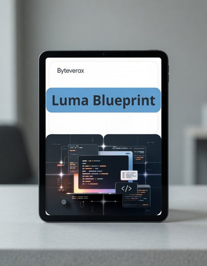 Tablet displaying 'Luma Blueprint' by Byteverax on a blurred background