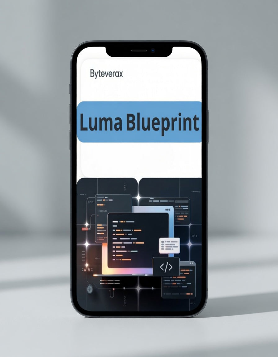 Phone displaying 'Byteverox Luma Blueprint' on a gradient gray background
