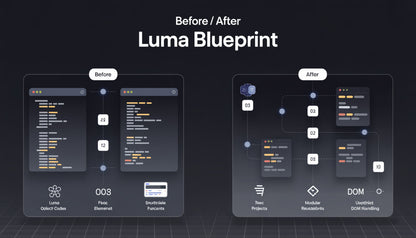 Comparison of Luma Blueprint design before and after on a dark background