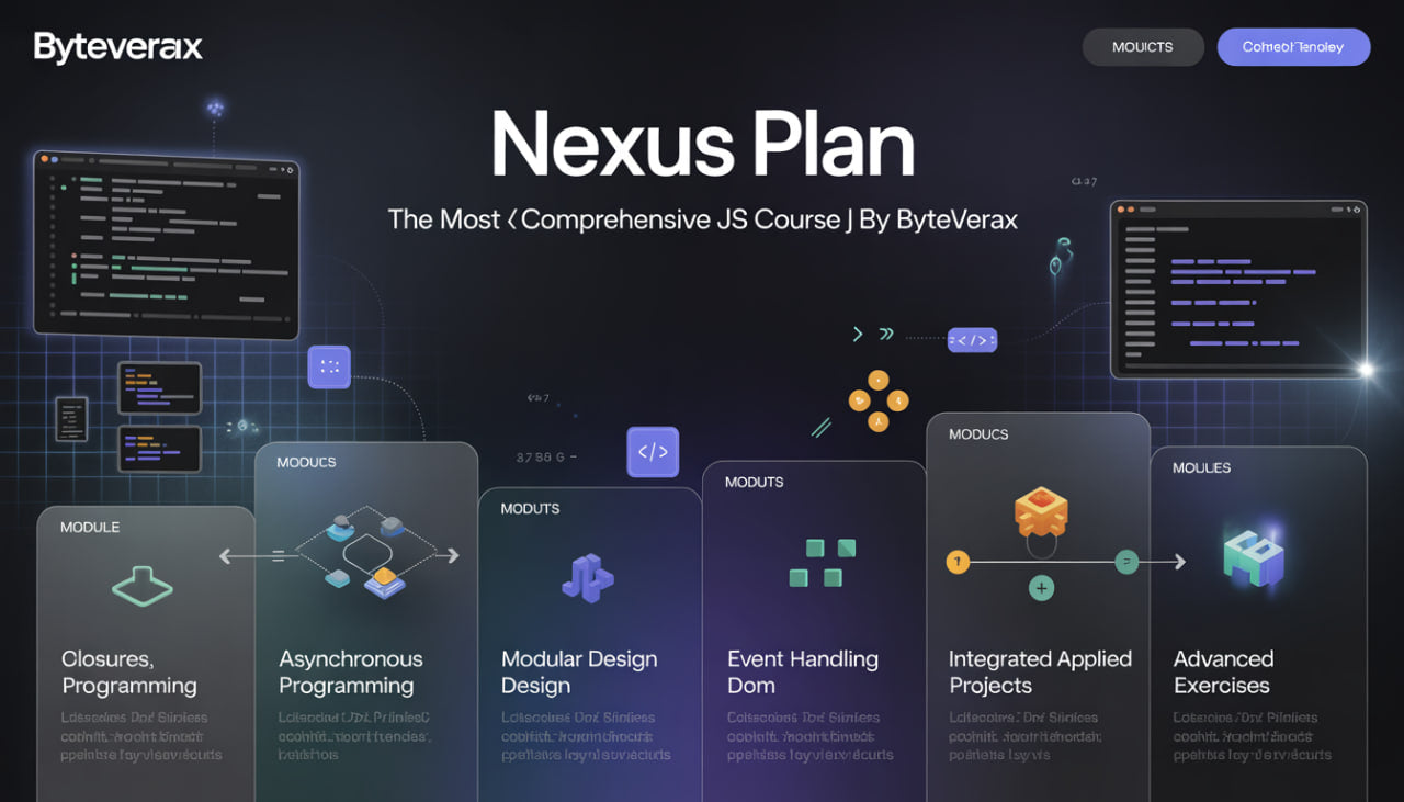 Byteverax Nexus Plan course overview with modules on a dark background