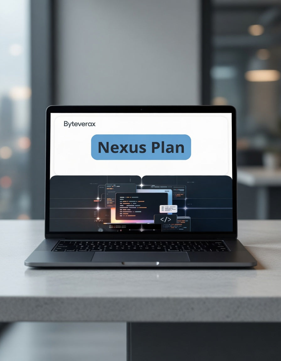Laptop displaying 'Nexus Plan' on a blurred office background