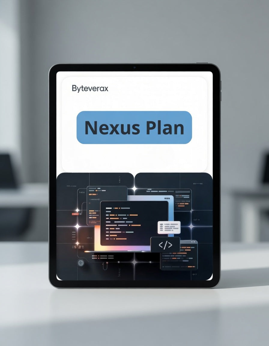 Tablet displaying Byteverax Nexus Plan on a blurred office background