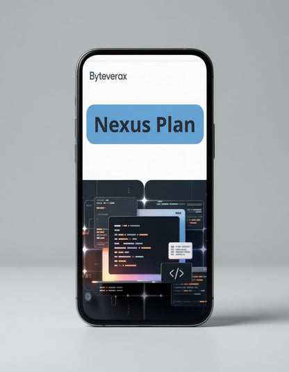 Smartphone displaying the Byteverax Nexus Plan app on a gray background