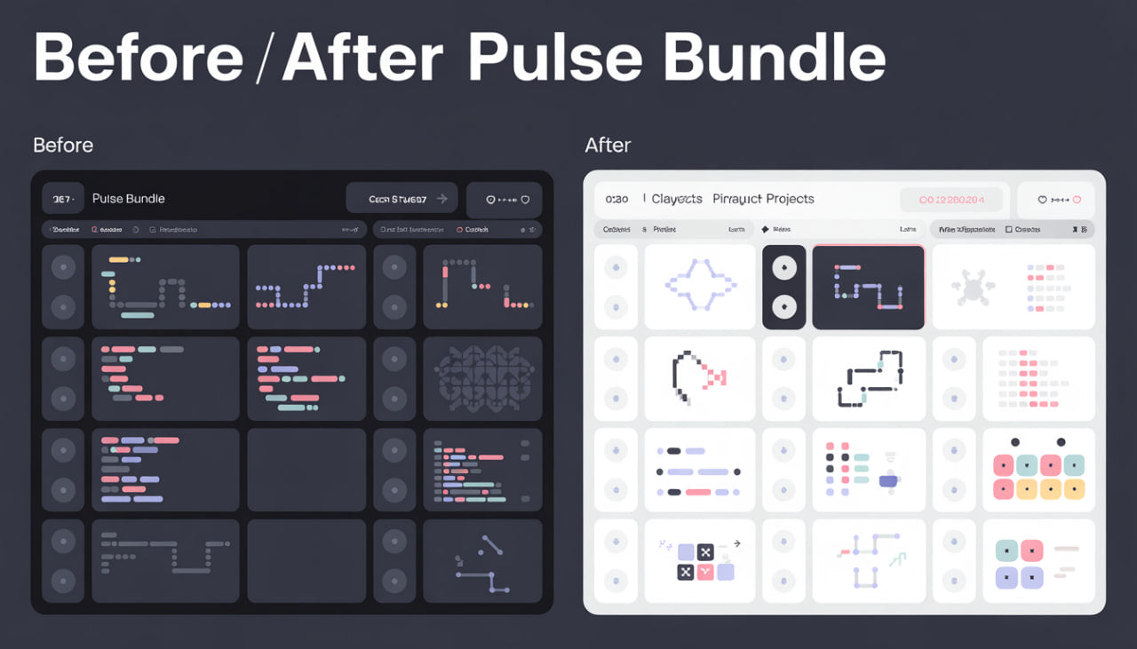 Before and after comparison of a software interface bundle with code and project layout.