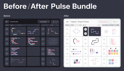 Before and after comparison of a software interface bundle with code and project layout.