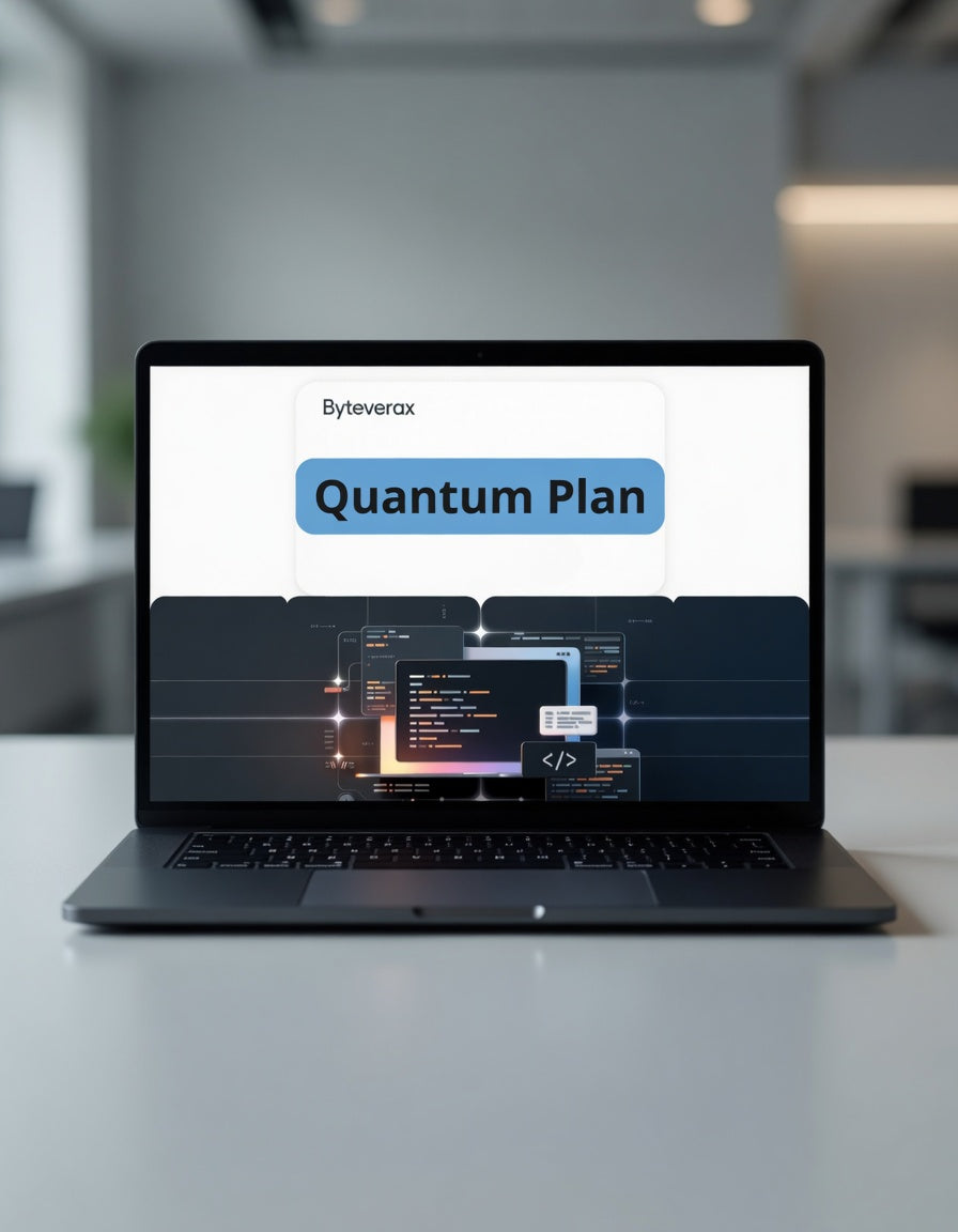 Laptop on a desk with 'Byteverax Quantum Plan' displayed on the screen