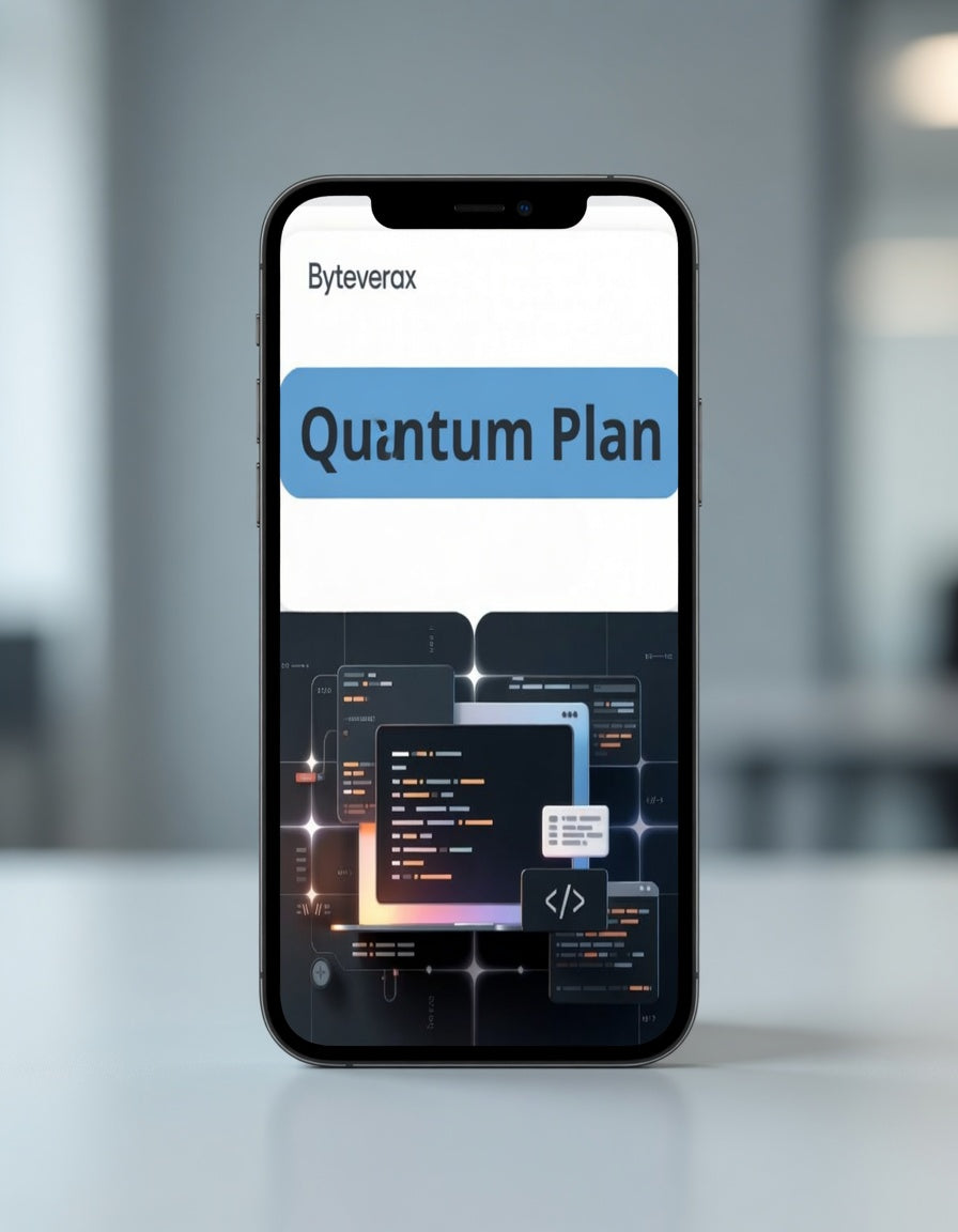 Smartphone displaying 'Byteverax Quantum Plan' on a blurred office background