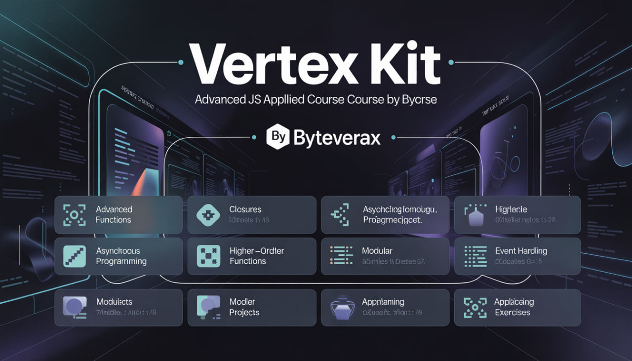 Byteverax Vertex Kit course course interface with various programming concepts on a dark background