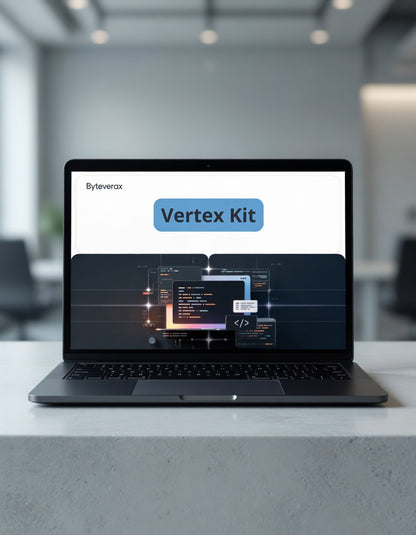 Laptop displaying 'Vertex Kit' on a blurred office background